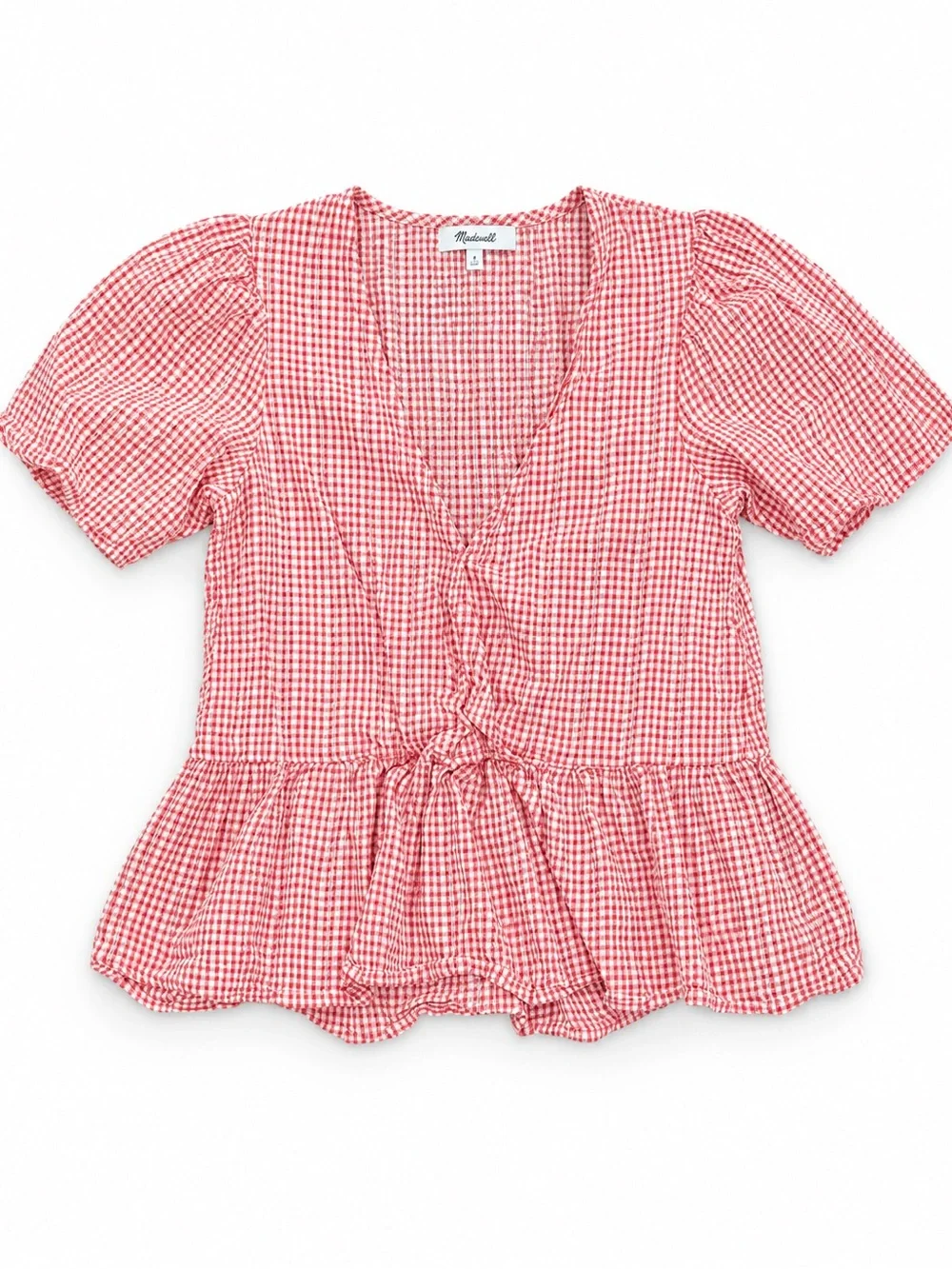 Madewell Red White Gingham Wrap Peplum Puff Sleeve Top